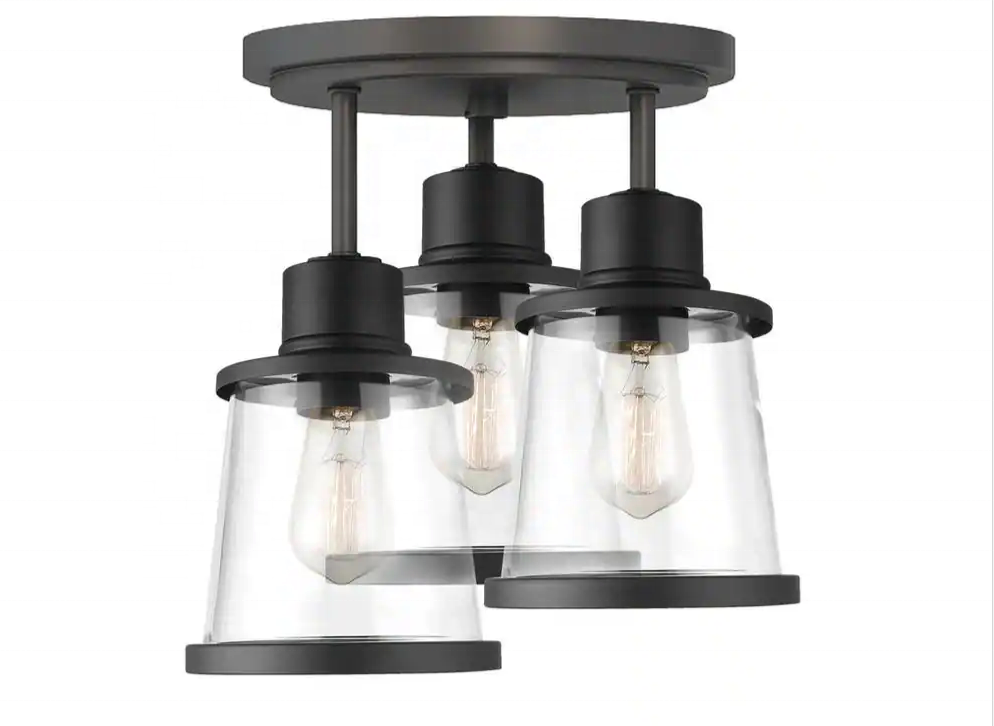 3-Light Ceiling Light Black Semi-Flush Mount lamp fixture with Clear Glass Shade Bedroom Entryway Foyer Hallway