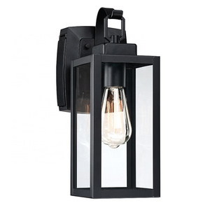 Outdoor wall lamp with GFCI Outlet Garden Mounted Lantern Exterior Fixture Sconce  Metal black finish clear glass shape Porch