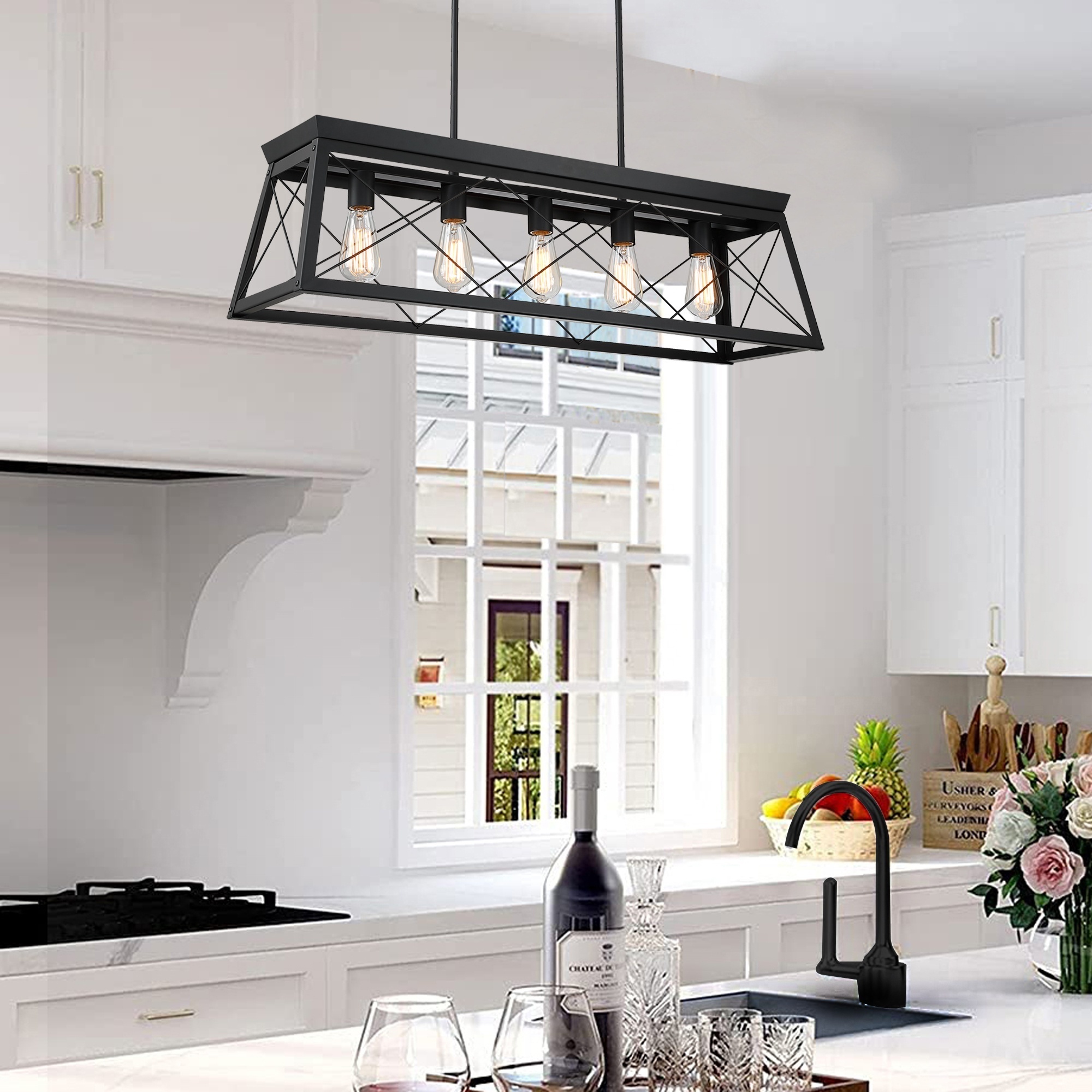 5-Light Linear Pendant Light Fixture Farmhouse Rectangular hanging Chandeliers Kitchen Island dining room black finish