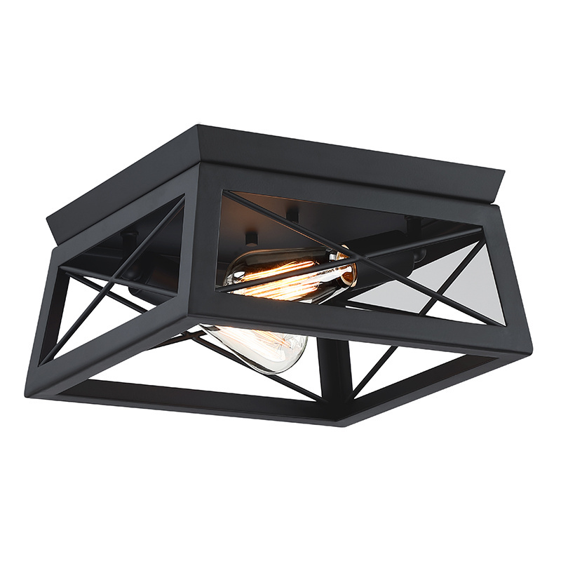 Industrial Metal 2-Light Square Ceiling Light Rustic Black Flush Mount Light Fixtures for Hallway, Entryway, Passway