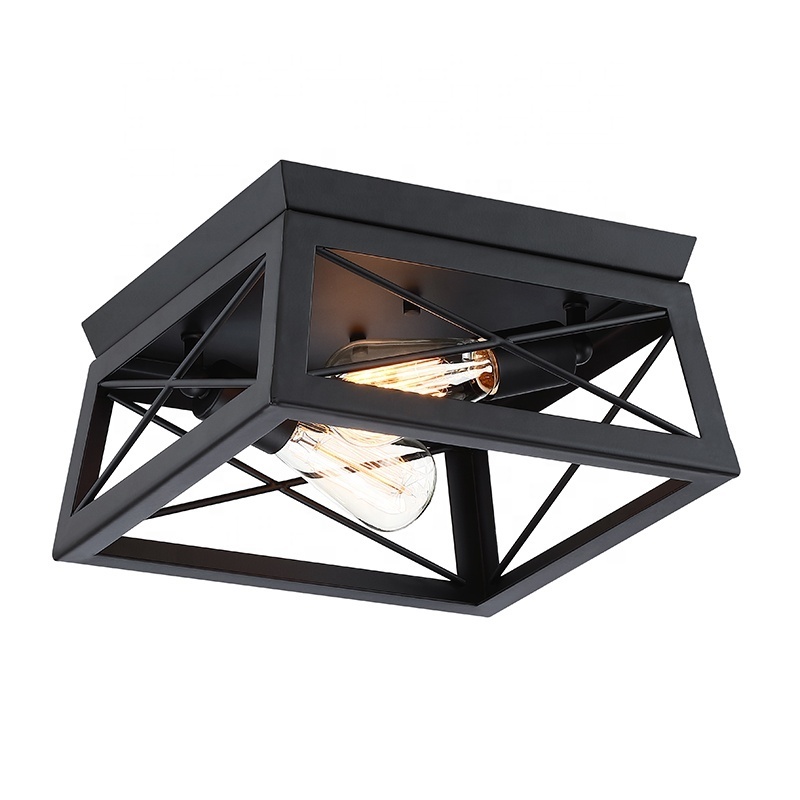 2-Light Flush Mount Ceiling Light Fixture Industrial black metal cage Dinning Room Bedroom home office patio Balcony