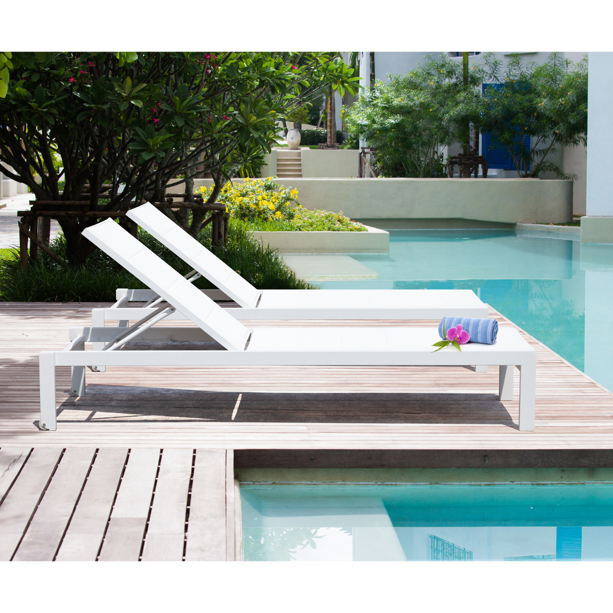 JE4090 Double aluminum outdoor chaise lounge set adjustable pool lounge chairs furniture for garden