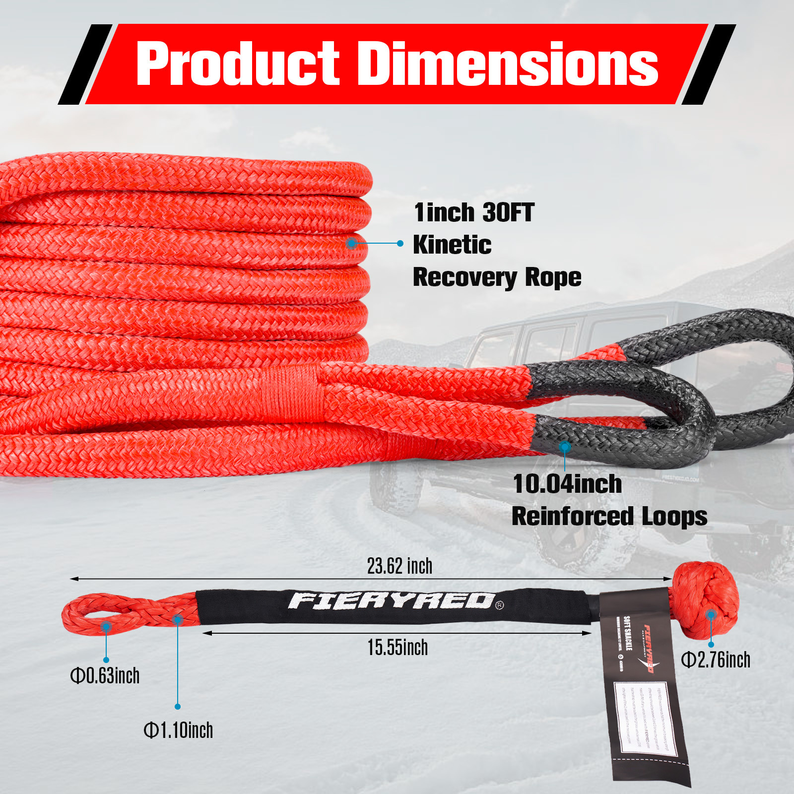 FIREYRED 33900LBS Nylon Energy Towing Strap Recovery Kinetic Tow Rope Set for Off Road Truck ATV UTV SUV