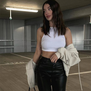 Zip Back Straight Jeans High Waist Clothing Women Pleated Elastic Bottom Skinny Bodycon Laced Up Wide Leg Pu Leather Pants Women