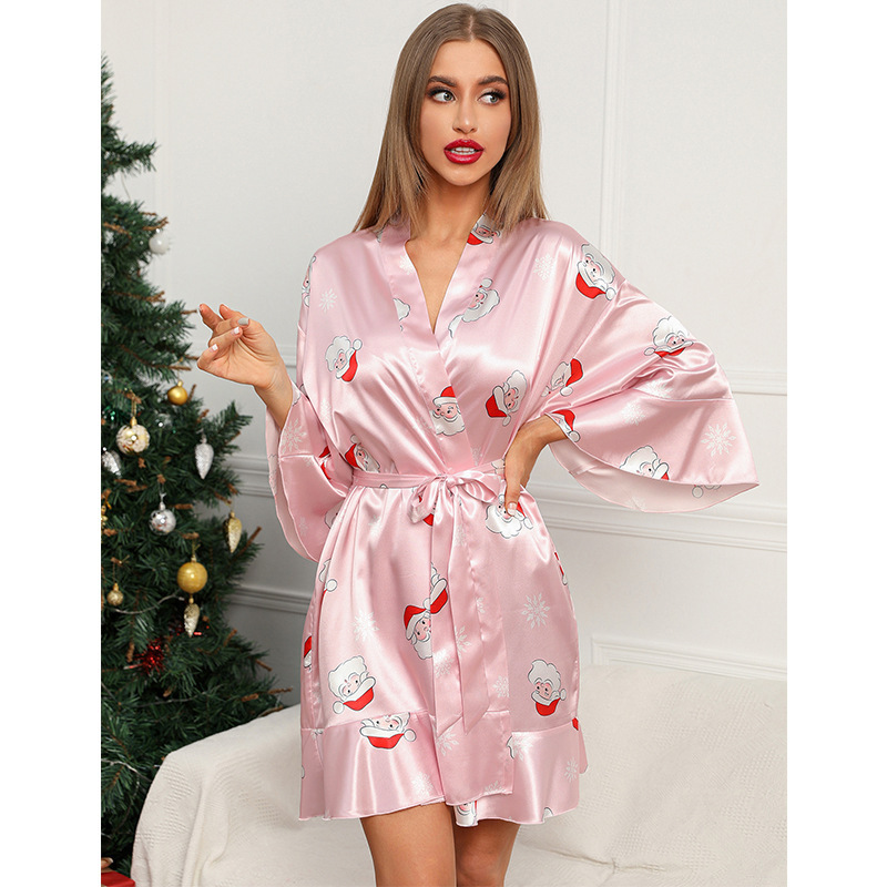 Custom Christmas Robe Nightgown Women's Ice Silk Sexy Pajamas Bathrobe Luxury Women's Sleepwear