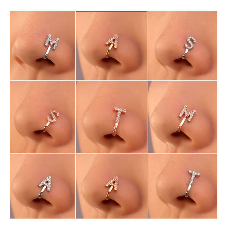 Trendy Jewelry Free Sample Punk 1Pcs Brass CZ A-Z Alphabet Gold Clip Initial Letter Nose Rings For Women