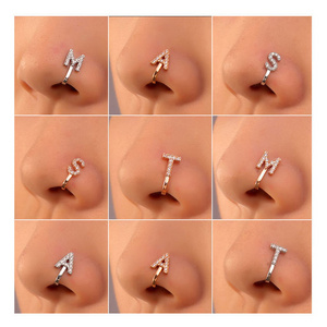 Trendy Jewelry Free Sample Punk 1Pcs Brass CZ A-Z Alphabet Gold Clip Initial Letter Nose Rings For Women