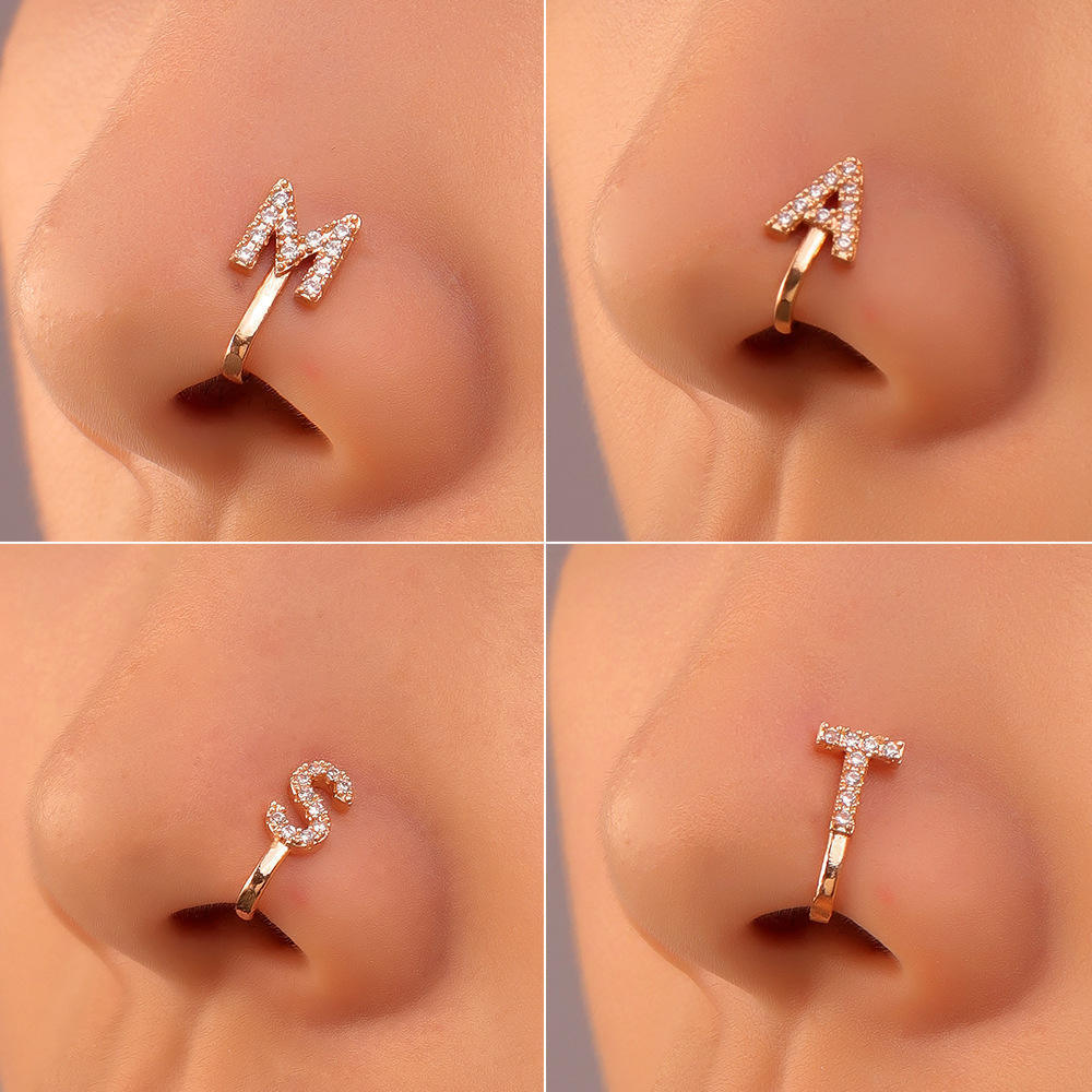 Trendy Jewelry Free Sample Punk 1Pcs Brass CZ A-Z Alphabet Gold Clip Initial Letter Nose Rings For Women