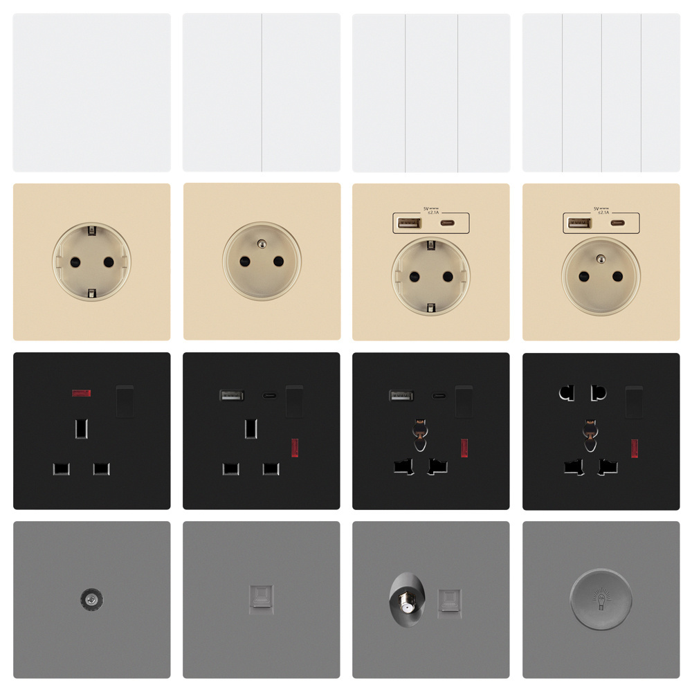 FIKO Ultra-thin Wall switches and sockets UK standard Flame retardant PC panel with USB/Type-c Light switch and power outlets