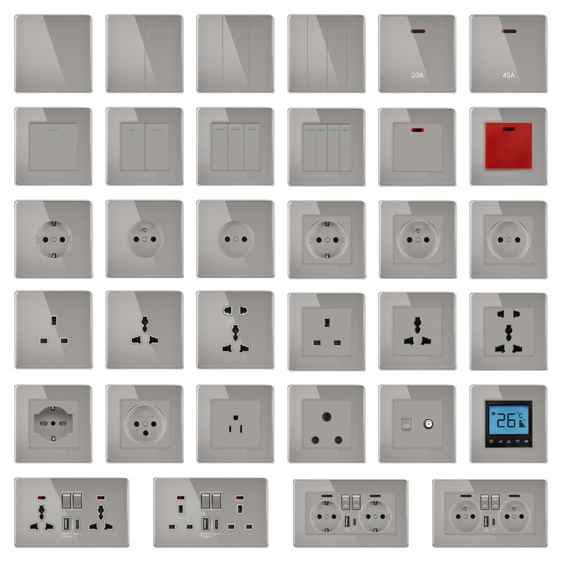 FIKO Wall switches and sockets EU/UK Standard Tempered glass with Dimmer/Curtain/Doorbell/Electrical light push button switch