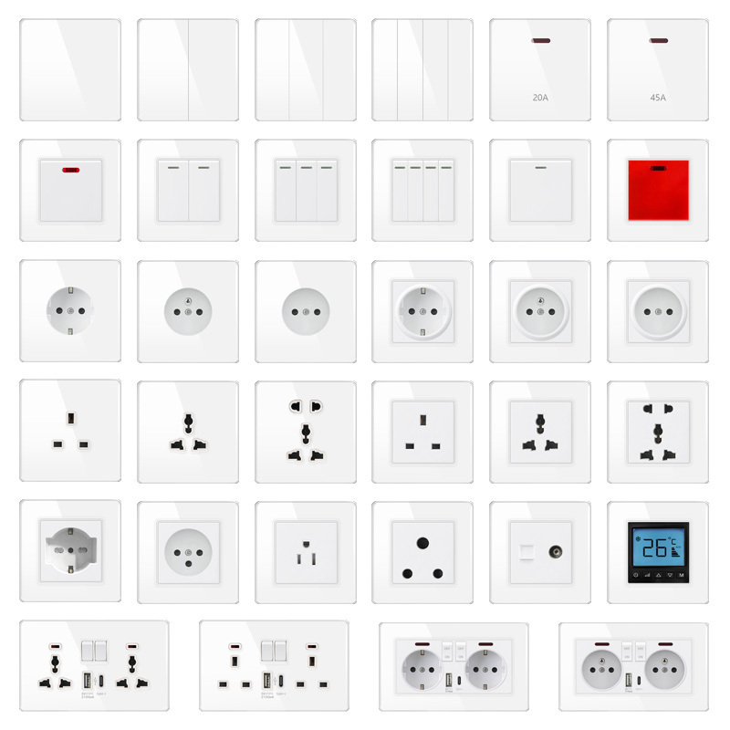 Fiko 147type White Tempered Glass Panel Wall switches and sockets EU/UK/US/Australia Standard With USB+Type-c+indicator light