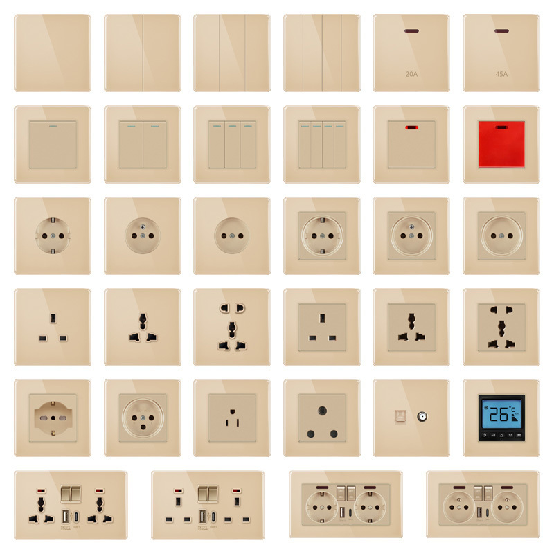 Fiko 147type Gold Tempered Glass Panel Wall switches and sockets EU/UK/US/Australia Standard With USB+Type-c+indicator light