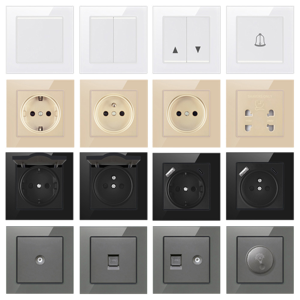 FIKO wall switches and sockets EU standard Type 80 Tempered glass with USB/Type-c/European/Germany/France/Russian wall outlets