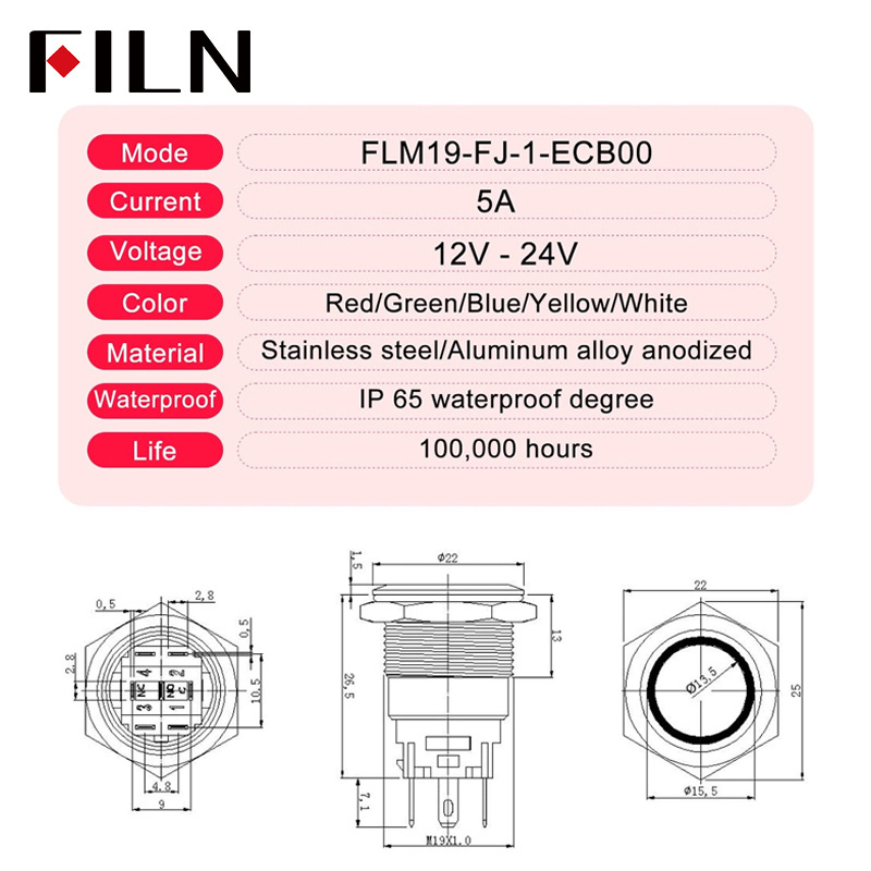 FILN 19MM push button switch symbol 5A 12V 24V 110V 220V waterproof push button switch momentary latching with harness switch