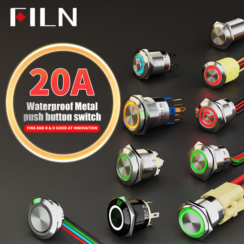 20A  High Current 19mm Illuminated Stainless Steel Metal Button Switches 12v Domed Head Push Button Light Switches