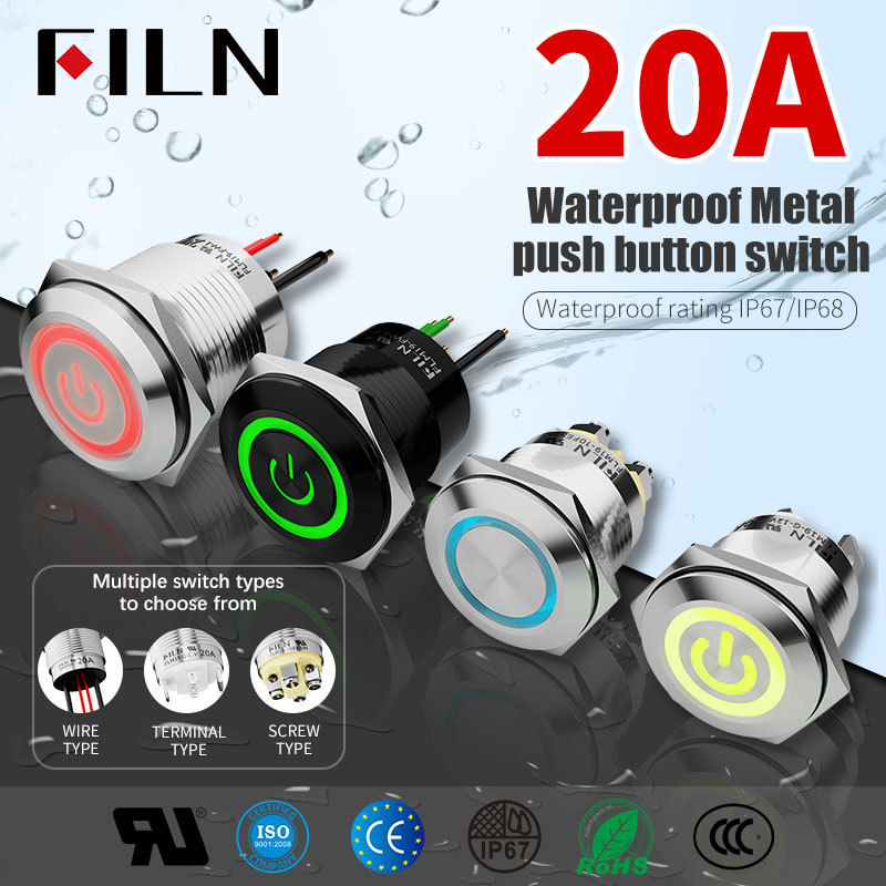 20A  High Current 19mm Illuminated Stainless Steel Metal Button Switches 12v Domed Head Push Button Light Switches