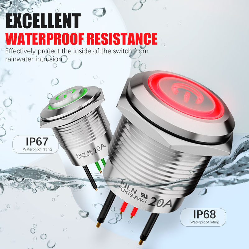 20A  High Current 19mm Illuminated Stainless Steel Metal Button Switches 12v Domed Head Push Button Light Switches