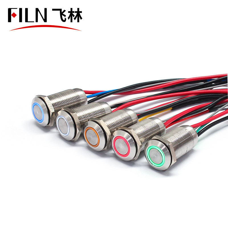 FILN 12MM push button switch 12V IP68 waterproof flat round latching push button switch metal stainless steel with wire