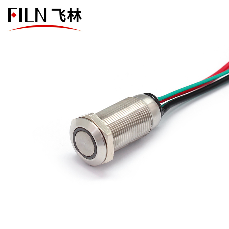 FILN 12MM push button switch 12V IP68 waterproof flat round latching push button switch metal stainless steel with wire