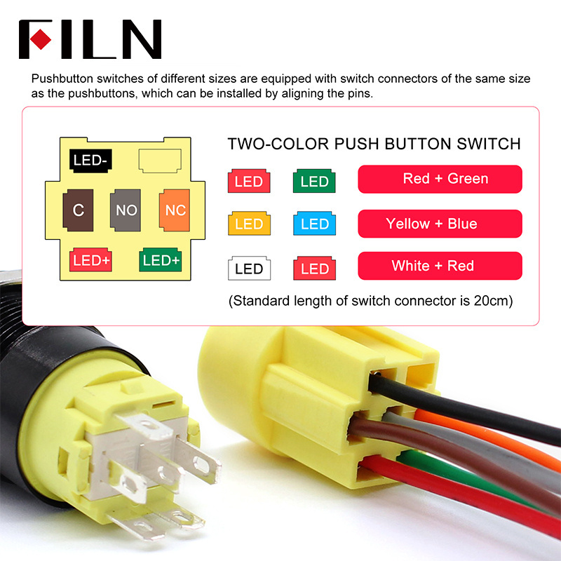 FILN 19MM push button switch symbol 5A 12V 24V 110V 220V waterproof push button switch momentary latching with harness switch