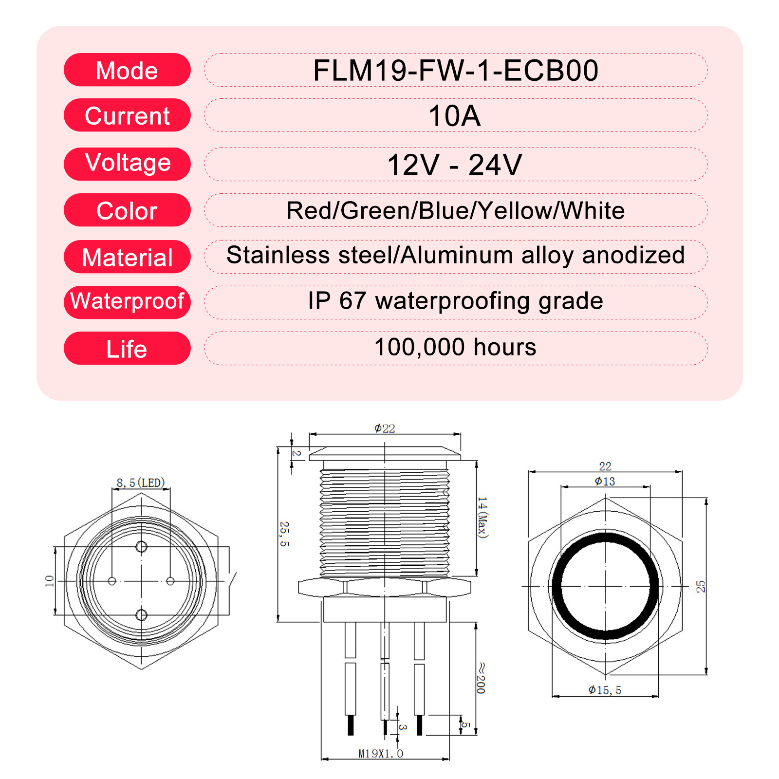 FILN 12V 5A 19MM Waterproof Black Plated Latching Type Normally Closed Black Plated Push Button Switches