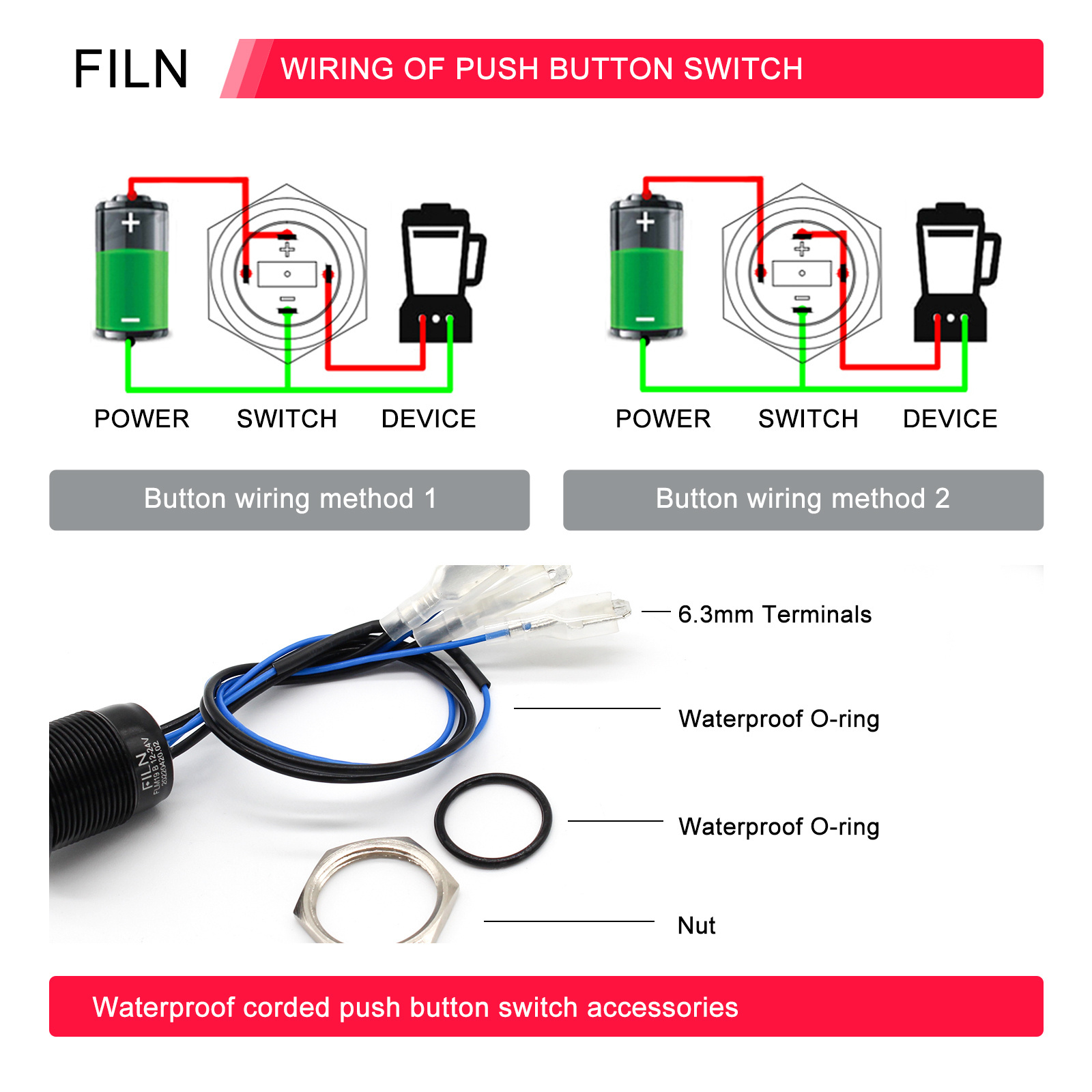 FILN 12V 5A 19MM Waterproof Black Plated Latching Type Normally Closed Black Plated Push Button Switches