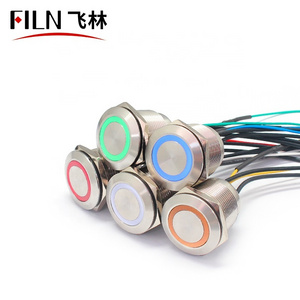 FILN 22mm Metal 12V 110V Led Brass Nickel Plate Momentary Latching Waterproof Push Button Switch with Wire