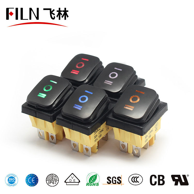 FILN T85 Electrical Rocker Switch On-off-on 3 Position 6 Pin Automotive 30A 110VAC LED illuminated Waterproof Rocker Switch