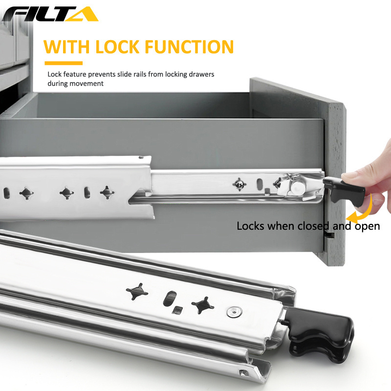 Filta 53mm full extension telescopic channel ball bearing heavy duty drawer slides with lock