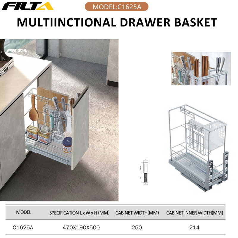 Filta Kitchen Cabinet Dish Wire Basket Multifunction Organizer Pull Out Wire Drawer Baskets