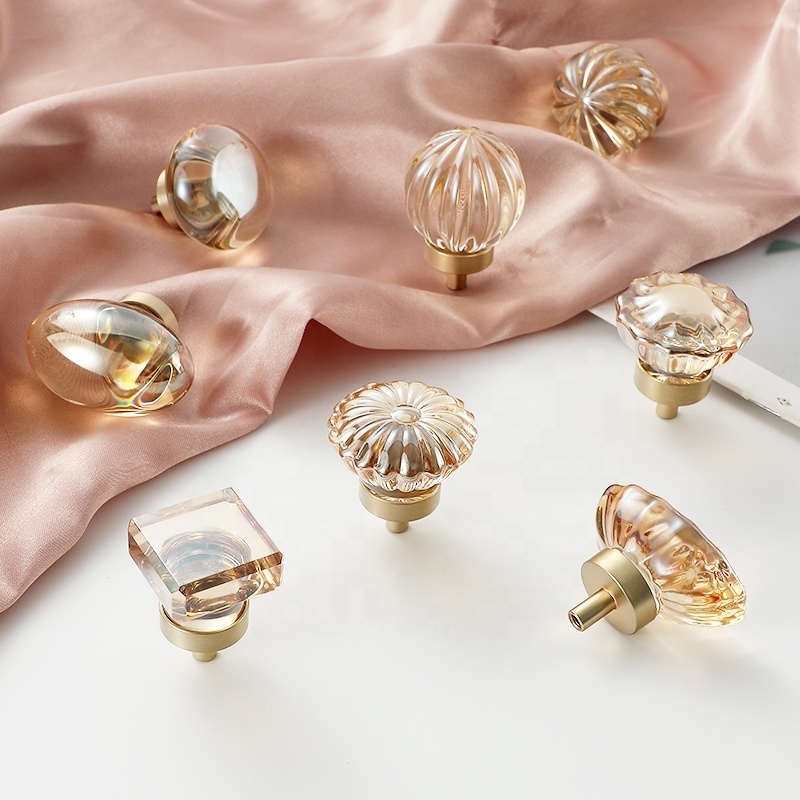 Knobs Furniture Cabinet Brass Crystal Handle Pull Knob Transparent Champagne High Quality Titanium Modern Dresser Knobs