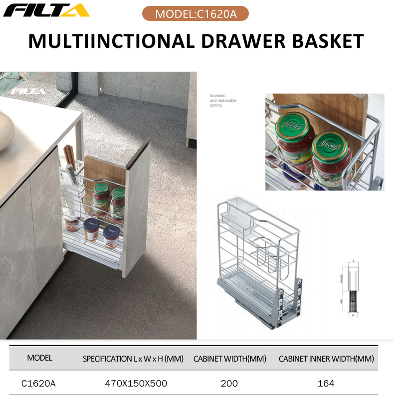 Filta Kitchen Cabinet Dish Wire Basket Multifunction Organizer Pull Out Wire Drawer Baskets