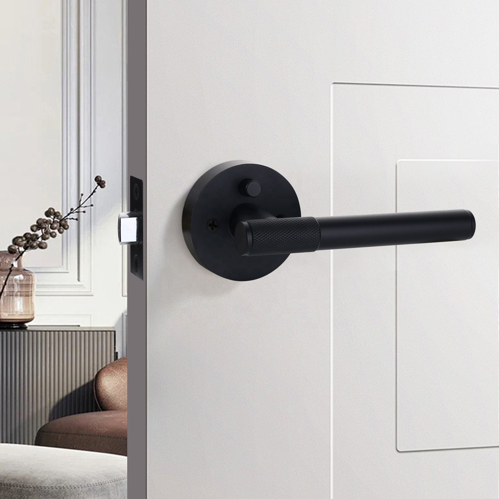 Black Matte Entry Door Handle Set with Privacy Lock Luxury Modern Brass Door Lock Set with Knurled Handle