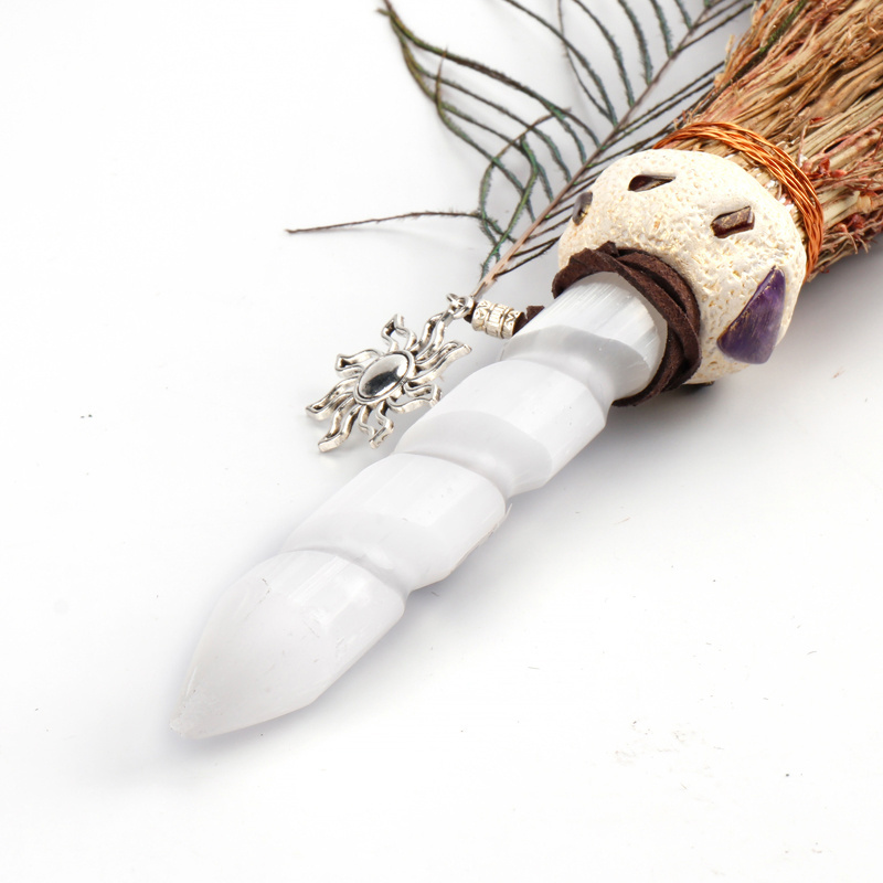 Wholesale Peacock Feather Pointed Spiral Selenite Stick Magic Crystal Witch Broom Home Decor Decoration with Silver Alloy Charm