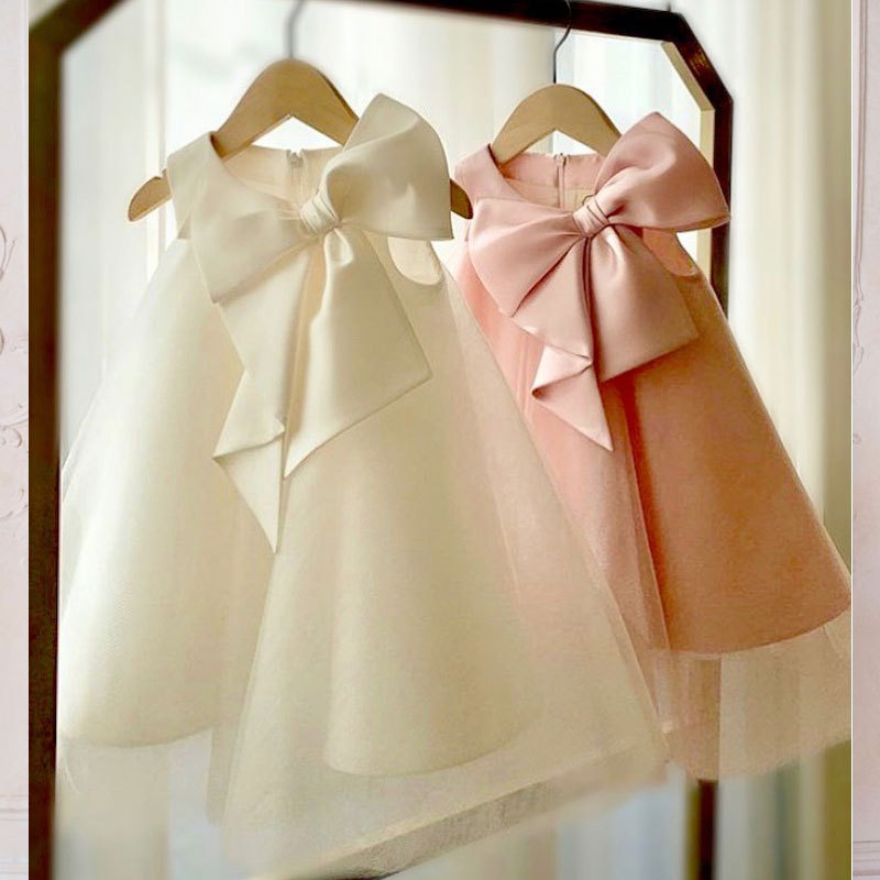 In stock Flower girl dress solid color wedding girl bow satin first birthday princess dress for 1-12years