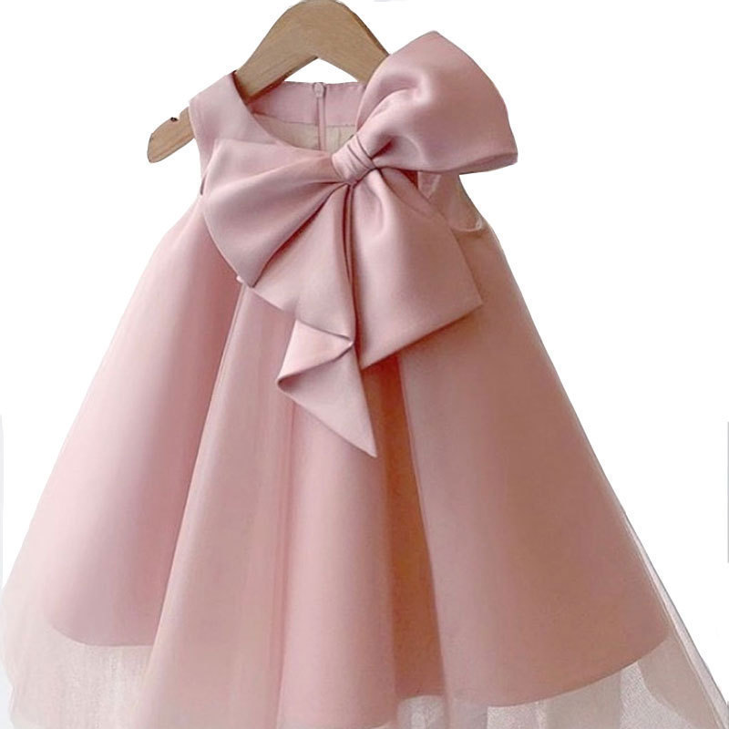 In stock Flower girl dress solid color wedding girl bow satin first birthday princess dress for 1-12years