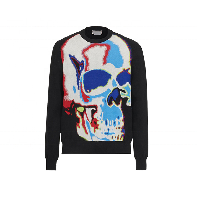 Finch Garment 2023 OEM&ODM Custom Men Skull Jacquard Sweater Skeleton Pattern Knitted Pullover Jumper Long Sleeve Cotton Sweater