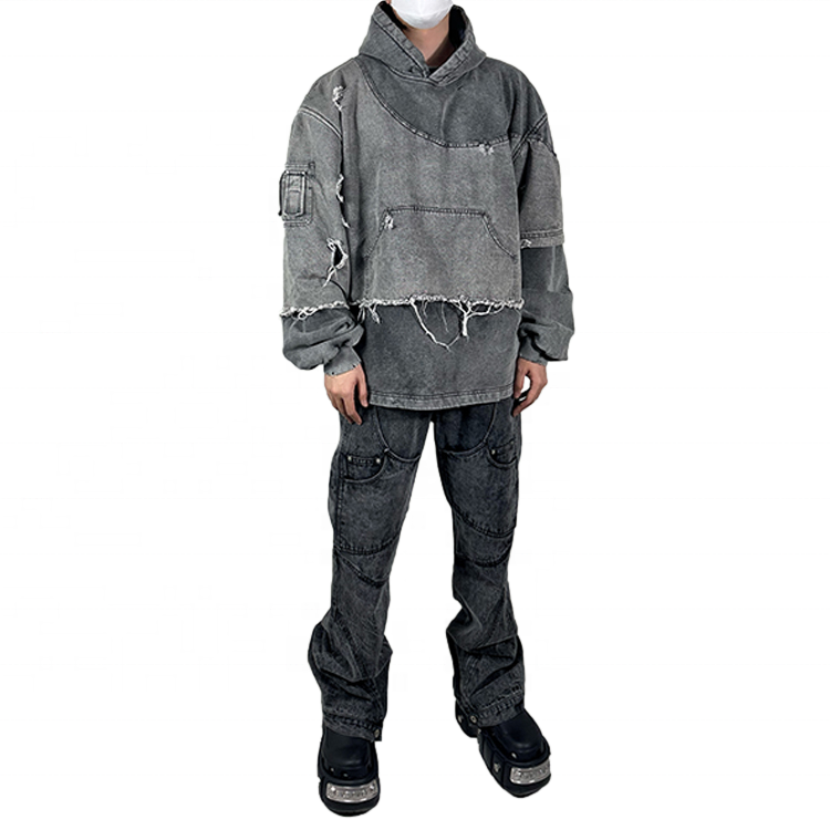 Finch Garment custom streetwear ripped hoodies men stone acid wash double layer raw hem distressed hoodie