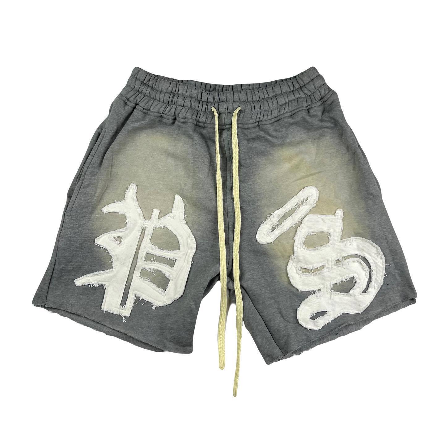 Finch Garment Shorts Drawstring  Cotton Baggy Graphic Embroidery Applique Summer Distressed Acid Wash Shorts For Men