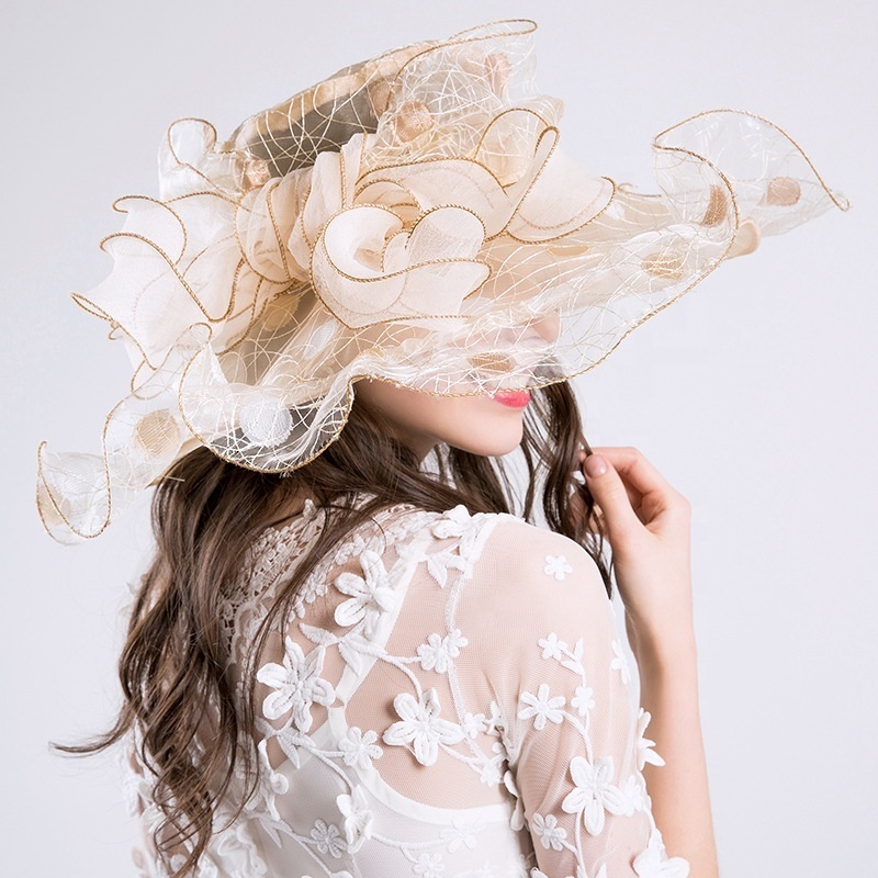 Elegant Ladies Kentucky Derby Wide Brim Fedoras Hats Big Flower Summer Sun Hats Women Beach Beige Organza Tea Party Church Hat