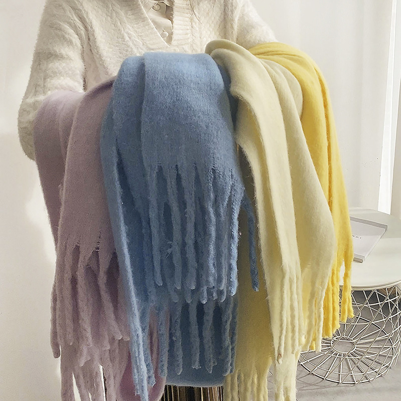 Long Tassels Plush Heavyweight Fluffy 2022 High Quality Winter Warm Custom Logo Faux Cashmere Solid Color Plaid Scarf