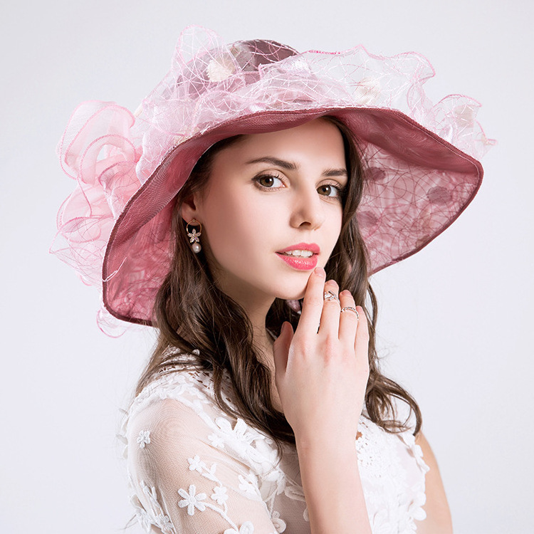 Elegant Ladies Kentucky Derby Wide Brim Fedoras Hats Big Flower Summer Sun Hats Women Beach Beige Organza Tea Party Church Hat