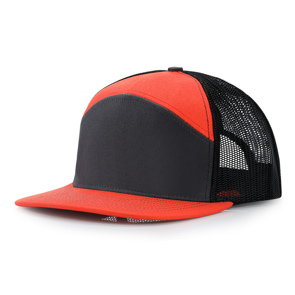 Wholesale Custom Logo 7 Panel Outdoor Breathable Flat Brim Sports Trucker Hat Two Tone Blank Cotton Snapback Cap With Mesh