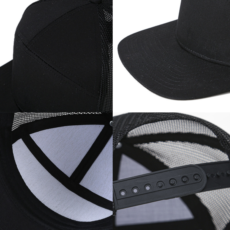 Wholesale Custom Logo 7 Panel Outdoor Breathable Flat Brim Sports Trucker Hat Two Tone Blank Cotton Snapback Cap With Mesh