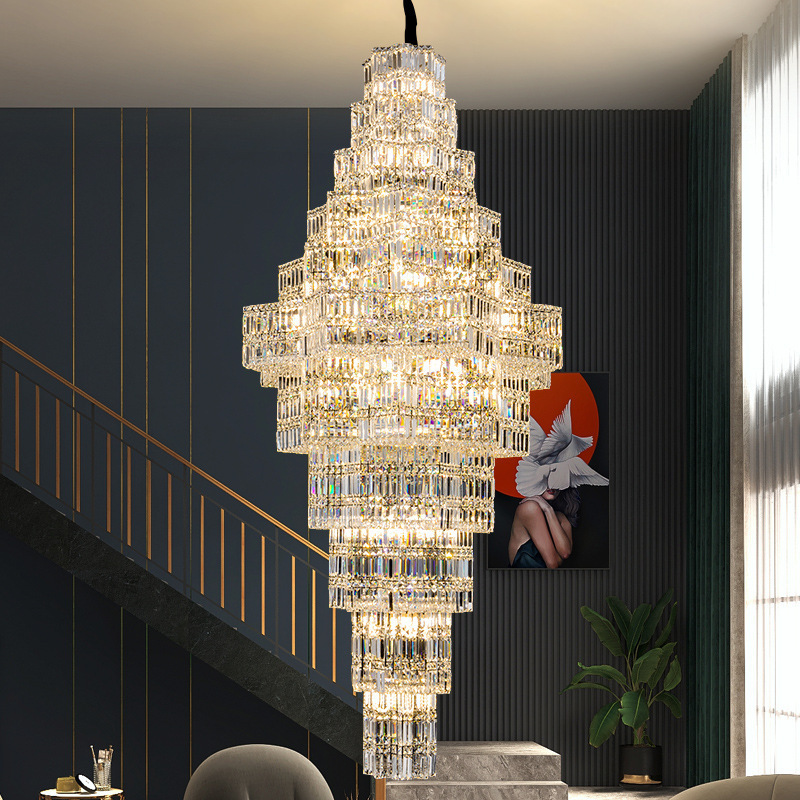 Gold Long Crystal Chandelier Lights For Foyer LED Pendant Lamp Entryway Long Chandelier Modern