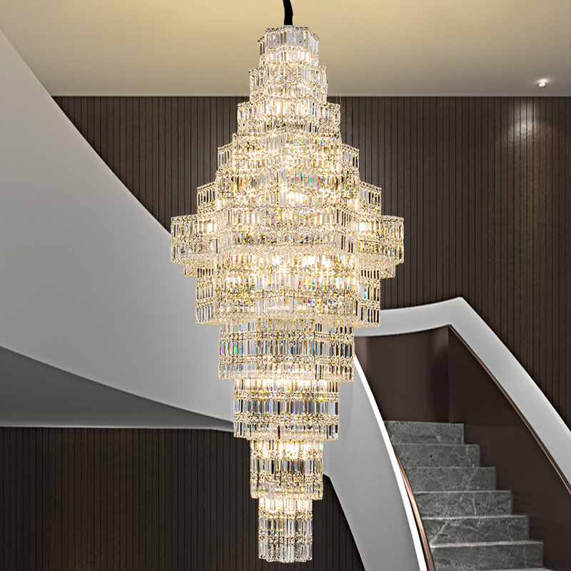 Gold Long Crystal Chandelier Lights For Foyer LED Pendant Lamp Entryway Long Chandelier Modern