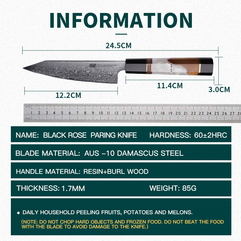 FINDKING New! Black Rose Series Paring Knife AUS 10 Damascus Steel Rose Pattern Resin 5 inch Kitchen Utility Fruit Knife