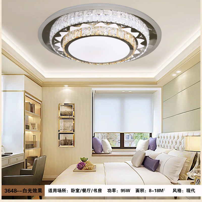 LED round ceiling light stainless steel wire cut crystal light simple bedroom study dining room light