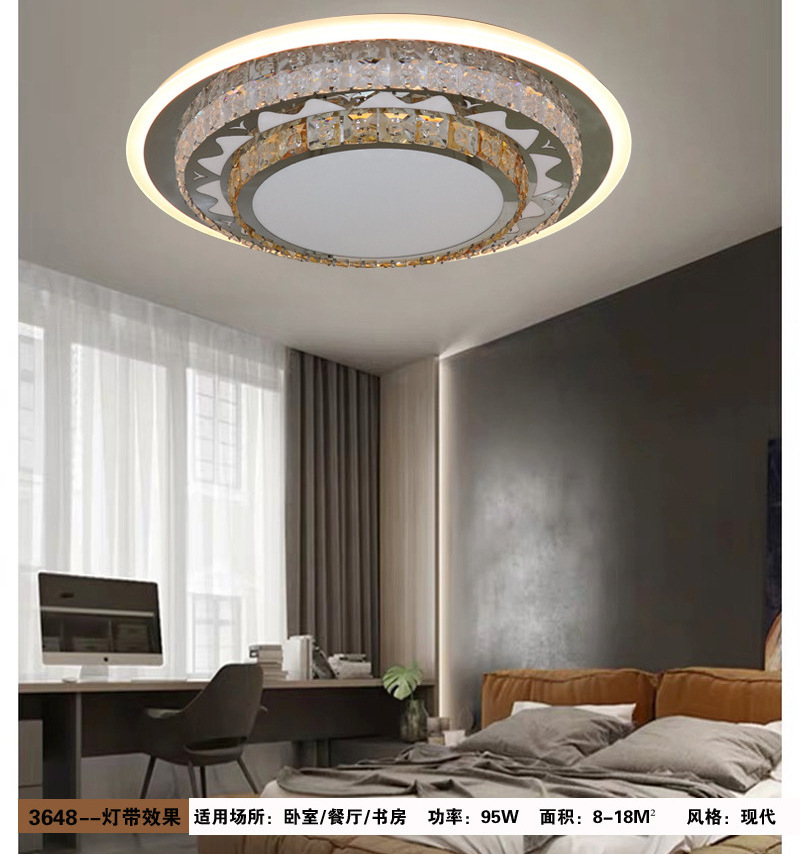 LED round ceiling light stainless steel wire cut crystal light simple bedroom study dining room light