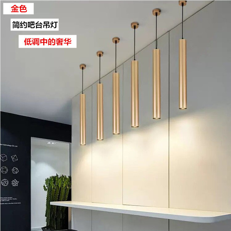 led bar chandelier long cylindrical restaurant lamp reception decoration creative long strip gold single head small chandelier